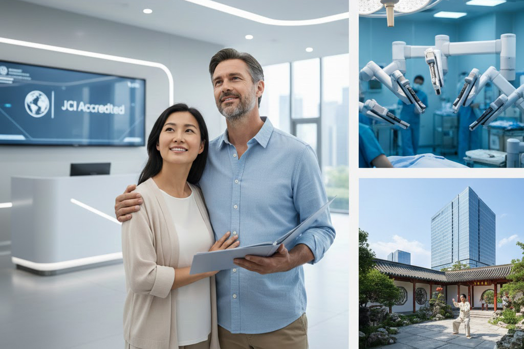 International patients at a JCI-accredited hospital in China featuring robotic surgery technology and traditional healing environments for medical tourism.