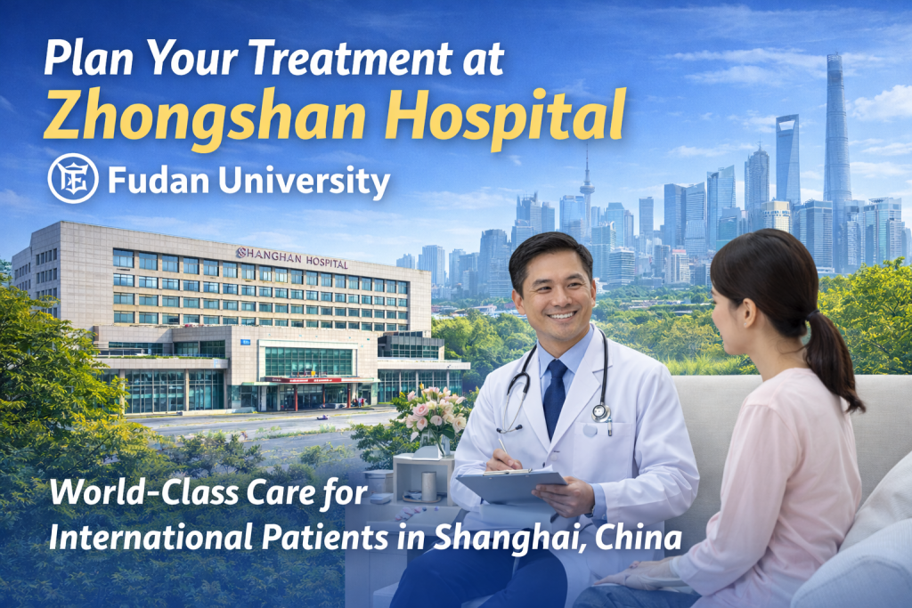 Doctor consulting with international patient at Zhongshan Hospital, Fudan University in Shanghai with city skyline view