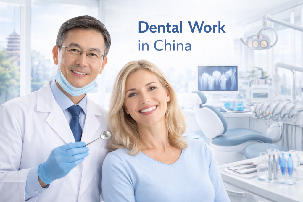 Dental work in China banner featuring a professional Asian dentist and an international patient in a modern dental clinic with advanced equipment