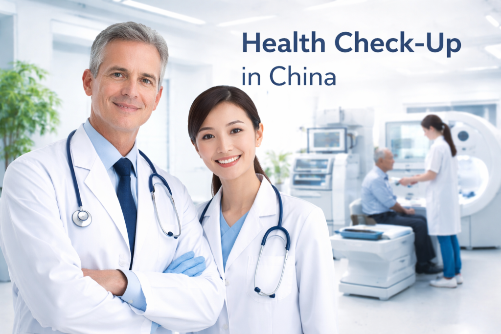 Health check-up in China banner featuring professional doctors and advanced diagnostic equipment in a modern Chinese hospital