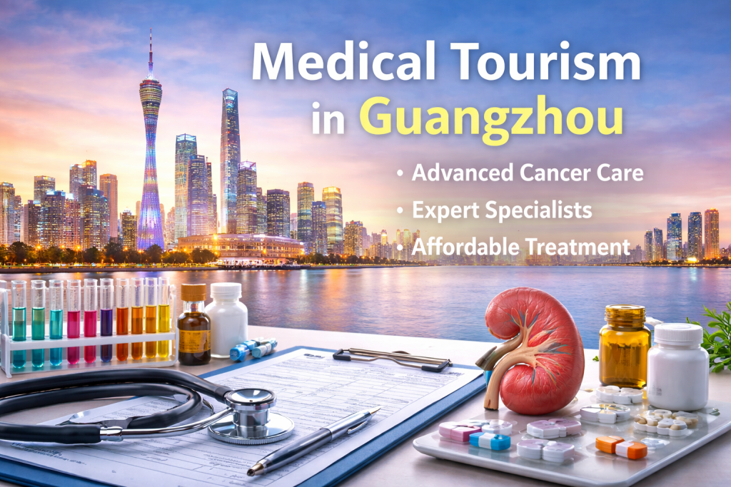Medical tourism in Guangzhou image showing an Asian doctor consulting an international patient with Guangzhou skyline in the background.