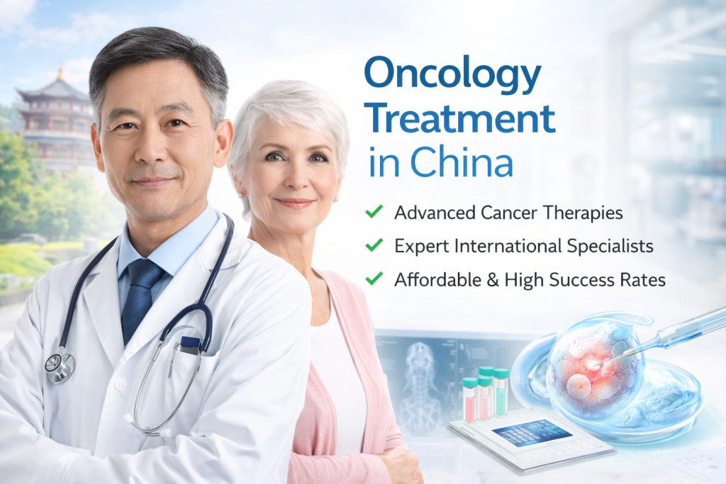 Oncology treatment in China banner showing an experienced Chinese oncologist and international patient with modern cancer treatment background
