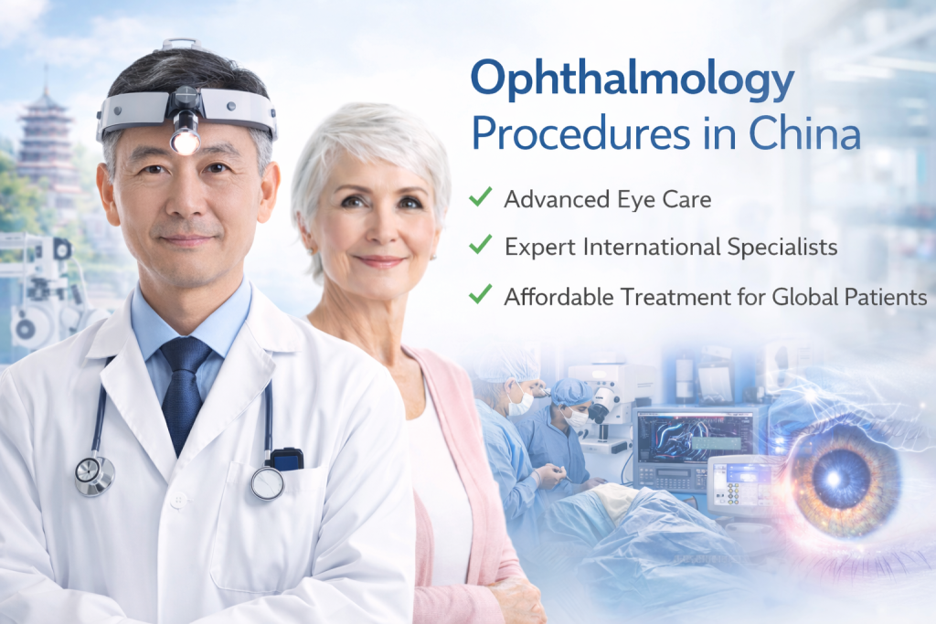 Ophthalmology procedures in China banner featuring an Asian ophthalmologist and international patient with advanced eye care technology background