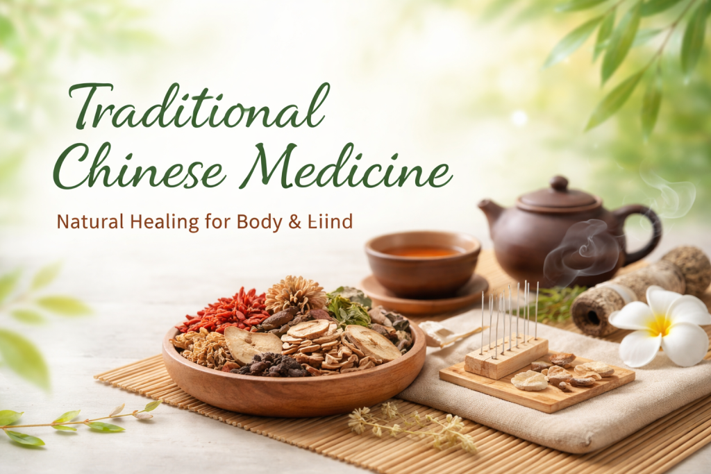 Traditional Chinese Medicine banner with herbal remedies, acupuncture needles, and tea set on a natural background.