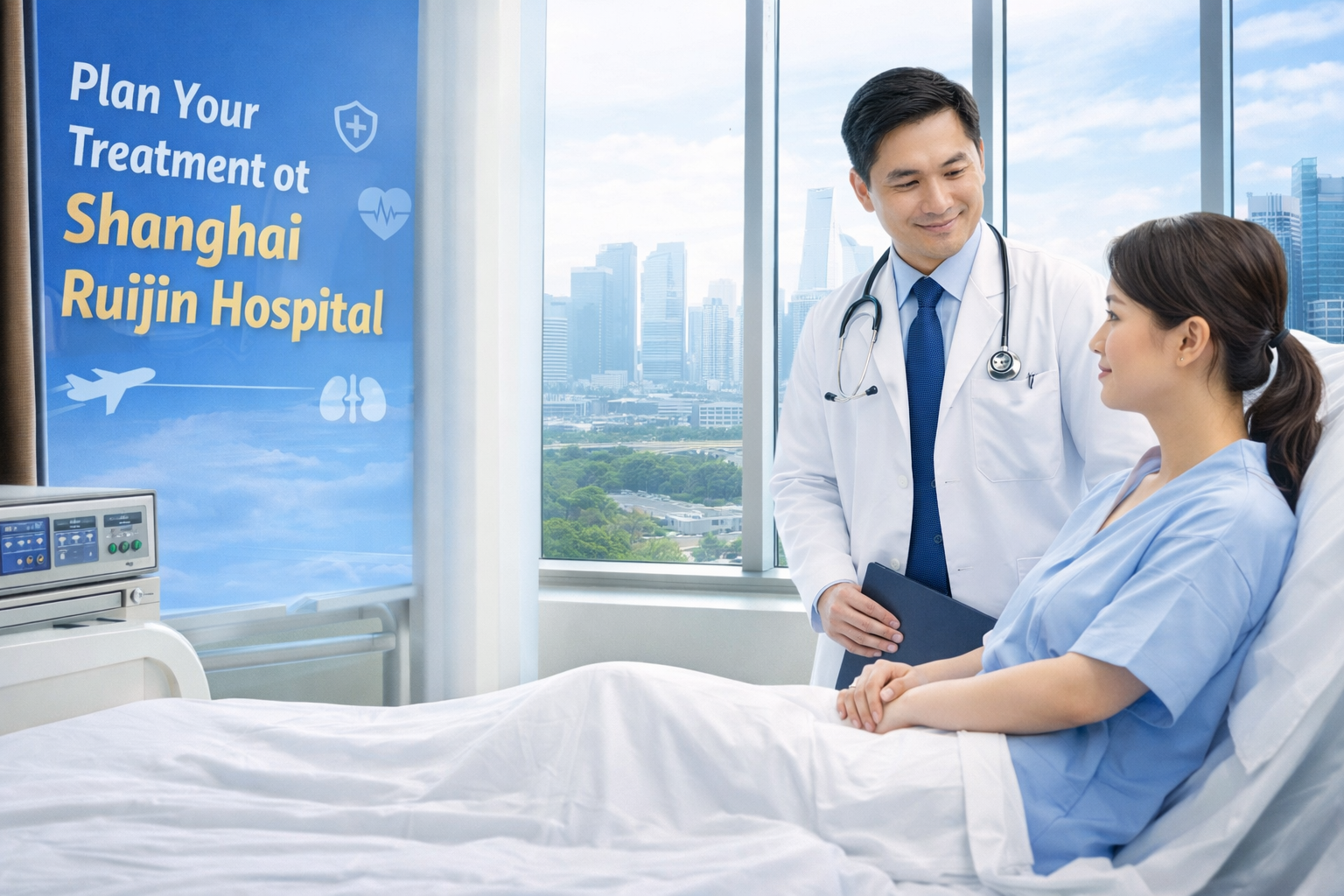 Doctor consulting with patient at Shanghai Ruijin Hospital in modern hospital room with Shanghai skyline view